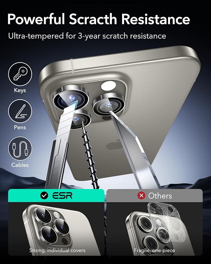 ESR for iPhone 17 Pro Max/17 Pro Camera Lens Protector, 1 Pack, Titanium | Individual Camera Cover, 9H Tempered Glass, Original Camera Clarity, for iPhone 17/16/15/14 Pro Max/Pro - Image 7