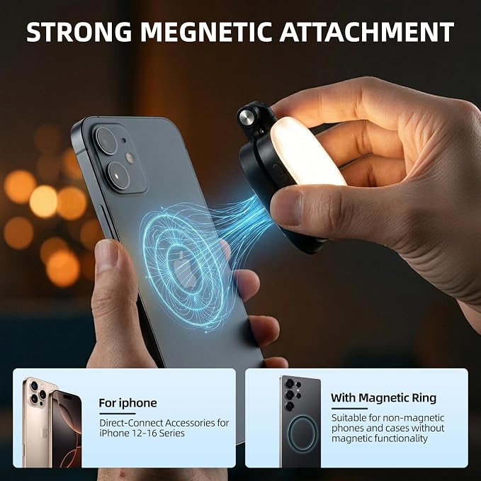 Magnetic Selfie Light, Compatible with MagSafe iPhone, CRI 95, 5 Color Modes, Rechargeable LED Phone Light with Mirror, Portable Ring Light for Vlog Makeup Photography Video Recording, Black - Image 4