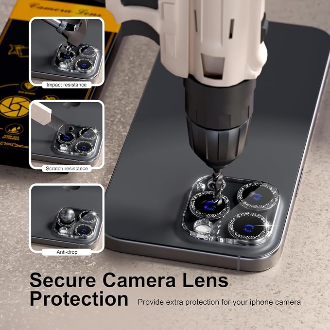 for 6 Pack iPhone 15 Pro/iPhone 15 Pro Max Camera Lens Protector [Drop Protection] [Case Friendly] [Easy Installation] 9H Tempered Glass Camera Screen Protector Cover, Glitter Black - Image 3