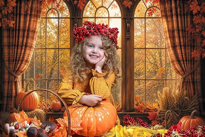 Autumn Fall Window Backdrop 10x8ft Rustic Wooden Arched Window with Pumpkin Maple Leaves Thanksgiving Harvest Photo Background for Party Decor Portrait Photography Booth Props Vinyl - Image 5
