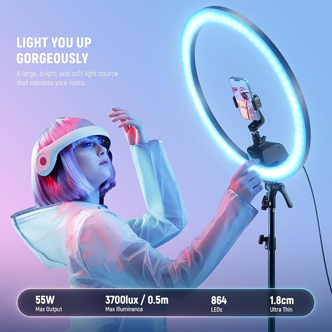 NEEWER SRP18C 18 Inch RGB LED Ring Light Kit with Reversible Tripod Light Stand App Control Phone Holder Compatible with iPhone, Ultra Slim Ringlight for Makeup Video Recording Selfie Studio Streaming - Image 2