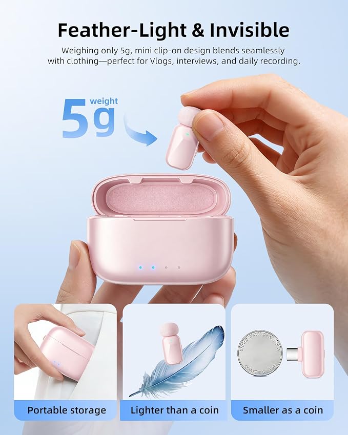 mini 2 Wireless Lavalier Microphones for iPhone 16/17 & Android, AI Noise Cancellation, App Control, 30H Battery with Charging Case, Lapel Microphone Wireless for Video Pink - Image 3
