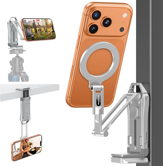 OMOTON TP02-Pro Magnetic Phone Holder, 5-in-1 Tripod Stand with Rear Attachment Plate | Desk, Kitchen, Gym, Vlogging | iPhone 12-17 Series, Silver by OMOTON