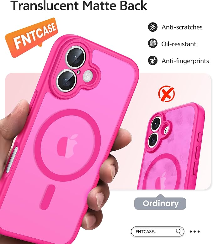 FNTCASE for iPhone 16 Plus Case, Fit for Magsafe, Screen Protector Hot Pink | Full Camera Protection, Translucent Matte, 14FT Military Grade Drop Proof, Shockproof Protective Phone Cover, Hot Pink - Image 6