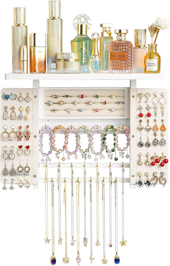 Emfogo Jewelry Organizer Hanging Wall Mounted Jewelry Holder, 5-in-1 Large Capacity Necklace Organizer Wall Hanging Jewelry Display for Ring, Necklaces, Bracelets, Earrings (White) - Image 8