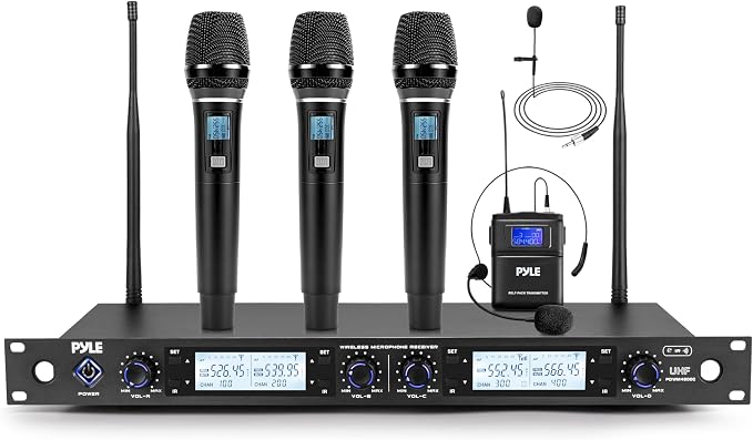 Pyle 4 Channel UHF Wireless Microphone System with 3 Handheld Mics, Lavalier & Headset Mic, 300 Ft Range, Selectable Frequencies & Rack Mount Receiver for Conferences, Hosting, Church & PA Systems by PyleUSA