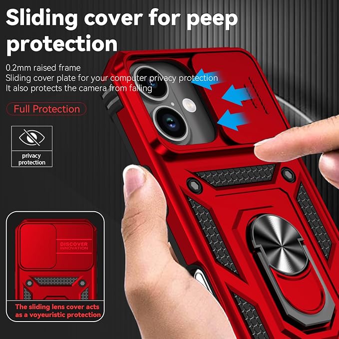 SunStory Compatible with iPhone 17 Case with HD Screen Protector & Slide Camera Cover & Rotated Ring Kickstand, [Military-Grade] iPhone Case for iPhone 17,Red - Image 3