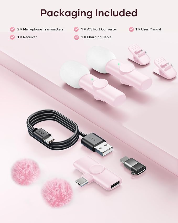 SUDEHO Dual Wireless Lapel Microphone System, Noise-Canceling Clip-On Design, Instant Connection via USB-C Receiver for Android (Rosy Pink) - Image 4