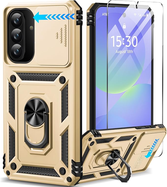 Taisairu for Samsung Galaxy A37 Case/A36 Case with Screen Protector & Slide Camera Lens Cover, Built-in Ring Stand Shockproof Protective Case for Samsung A37 5G Case/Samsung A36 5G Case (Gold) by Taisairu