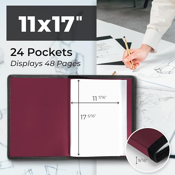 Dunwell 11x17 Art Portfolio Binder, 24-Sleeve, Black Mounting Paper, Black | 24 Clear Sleeves, Displays 48 Pages, Black Mounting Paper Included, Artwork Storage, Acid-Free Poly Protection - Image 2