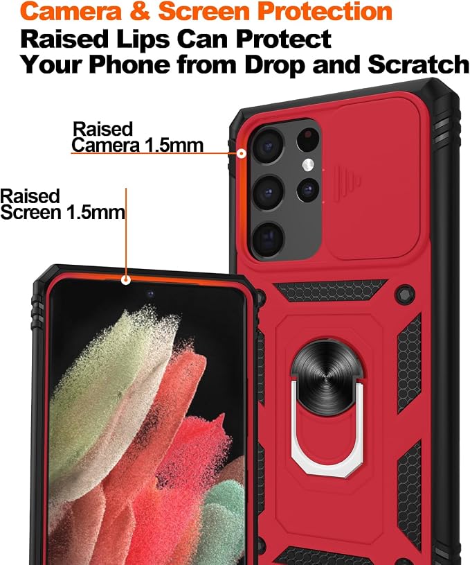 Gritup for Phone Case S21 Ultra: S21 Ultra 5G Phone Case with 2*Screen Protector | Magnetic Stand & Slide Camera Cover | Shock Proof Military-Grade Funda para S 21 Ultra Cover, Red+Black - Image 5