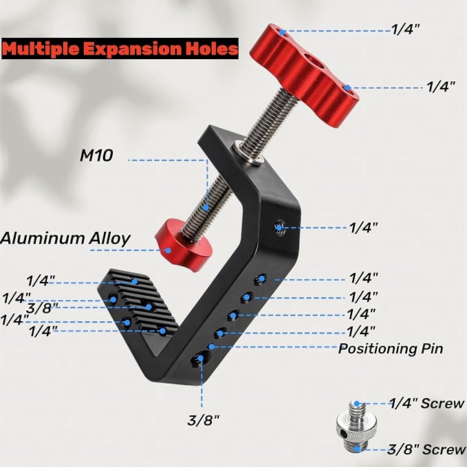 Tlence C Clamp Desk Camera Mount, Table Clamps with 1/4" and 3/8" Thread, Metal Desktop C Clamp for Light Stand, Heavy Duty Clamps Jaw for Workbench, Rods, Shelves, Bike, Fits up to 2.5" Thickness - Image 3