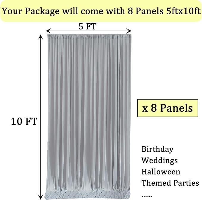 40ft x 10ft Wrinkle Free Silver Backdrop Curtains for Parties, 8 Panels 5x10ft Thick Fabric Silver Backdrop Drapes for Wedding Party Background Birthday Decoration - Image 3