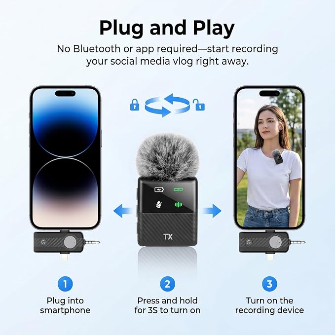 DORNLAT Wireless Lavalier Microphone, 3 in 1 Plug Play Lapel Mic for iPhone/Android/Camera, Noise Cancelling, Mini Compact Lavalier Mic for Vlog, YouTube, TikTok, Live Streaming, Record Interview - Image 4