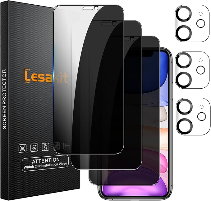 Lesakit 3+3 Pack Privacy Screen Protector for iPhone 11 6.1-Inch with 3 Pack Camera Lens Protector, Anti Spy Tempered Glass Film 9H Hardness Bubble Free Case Friendly by Lesakit
