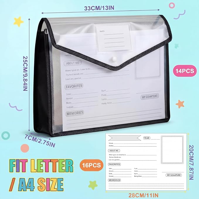Motipuns 14 Pack K-12 School Memory Box Back to School, Black | Large Capacity Organizer, 16 Questionnaire Cards, Photo Album Keepsake Scrapbook, from Pre to 12th Grade File Picture Folder - Image 3
