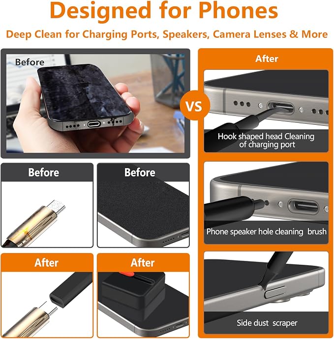 Cell Phone Cleaning Kit, iPhone Cleaning Kit for Charging Port Cleaner Keyboard Cleaning Kit for Airpods/Android/USB C/Earbuds/Laptop/iPad/Camera Lens with Stylus Pen (Black) - Image 2