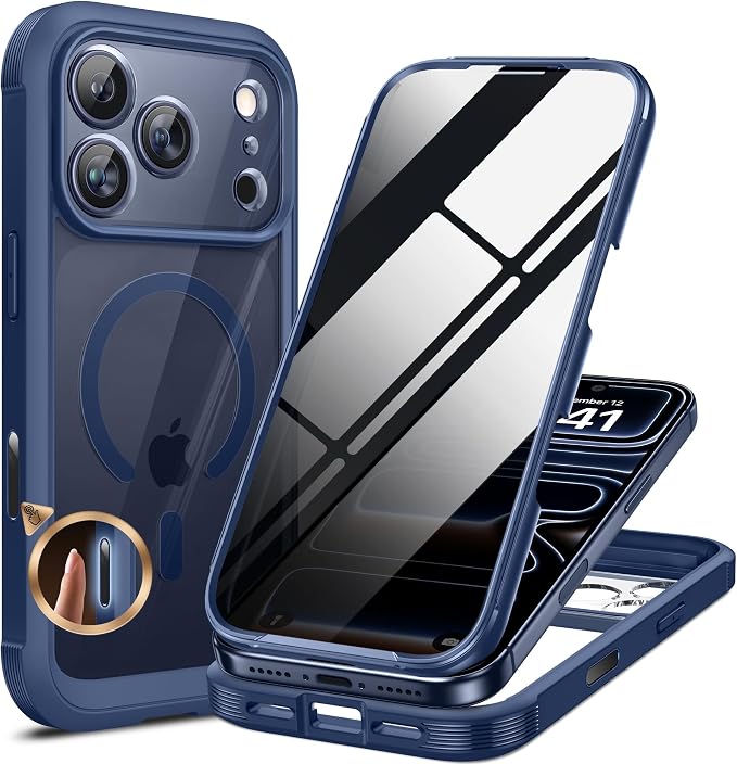 Miracase for iPhone 17 Pro Max Case with Privacy Screen Protector, Blue | Compatible with MagSafe, 360° Full Body Protection, Full Camera Protection, Military-Grade Shockproof Phone Case 6.9" by Miracase