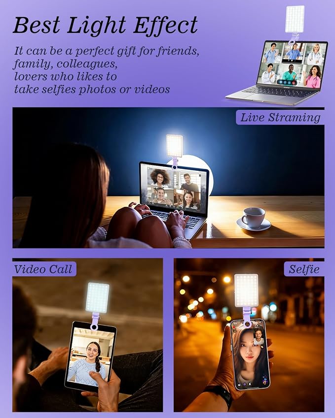 60 LED Portable Selfie Light Video Conference Lighting with Clip & Camera Tripod Adapter Rechargeable 2000mAh CRI 97+, 3 Light Modes for Phone iPhone Webcam Laptop Photo Makeup (Dreamy Blue) - Image 9