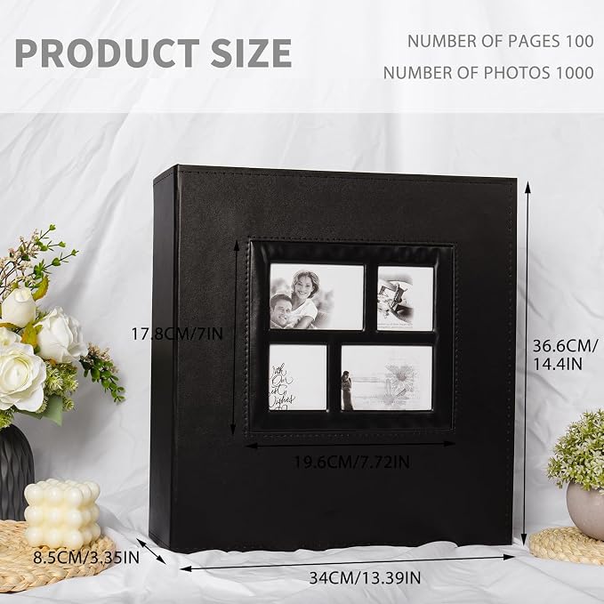 RECUTMS Photo Album 4x6 1000 Pockets Large Leather Family Photo Album Black | Extra Large Capacity, Black Page, Hold 1000 Horizontal and Vertical Photos, Anniversary Wedding Picture Book,DIY Cover Window - Image 2
