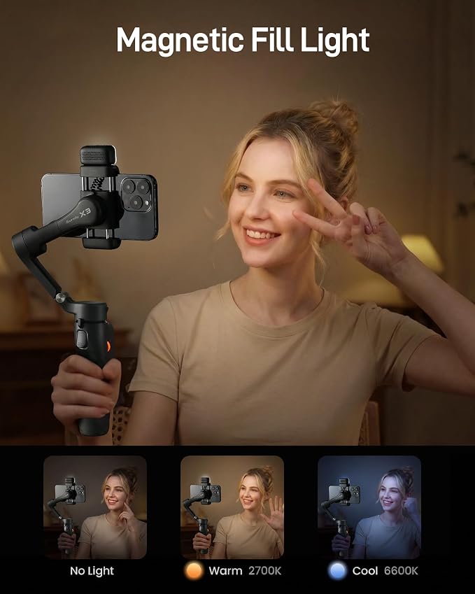 hohem iSteady X3 3-Axis Gimbal Stabilizer for iPhone & Android, Black | Detachable Remote, iSteady 8.0 Anti-Shake, Tripod & Extendable Rod, Magnetic Fill Light, AI Tracking, Foldable 0.93lb Design - Image 5