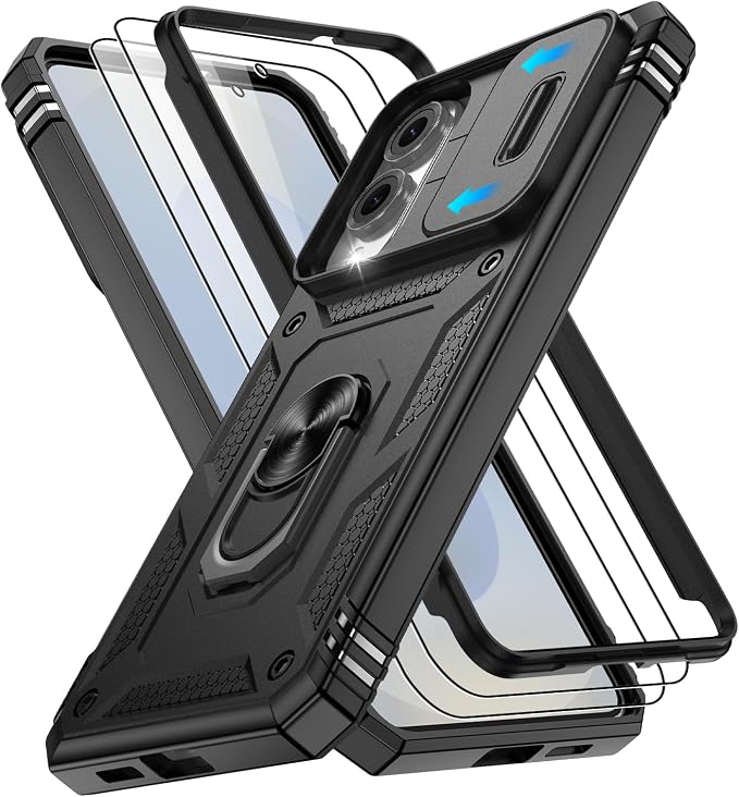 Gritup Fit for Samsung Galaxy S25 Edge Case with Slide Camera Cover | 2 Pcs Screen Protector, Build in 360° Rotating Ring Kickstand, Military Grade Protective Phone Case, Black by Gritup