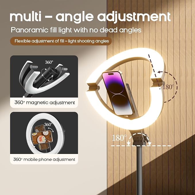 10" Magnetic Ring Light Overhead Camera Phone Mount, XINBAOHONG LED Selfie Light with Stand and Phone Holder, Rechargeable Desk Light for Video Recording（Standing） - Image 5