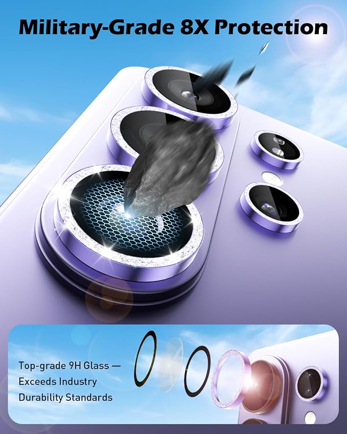 CloudValley for Samsung Galaxy S26 Ultra Camera Lens Protector Bling | 9H Tempered Glass + Aluminum Alloy Lens Protective Ring [Glitter Decoration] Ultra-HD Individual Lens Cover,Glitter Purple - Image 3