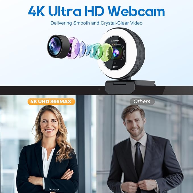 4K Webcam with Ring Light & Built-in Microphone for PC Streaming | PDAF Autofocus,Supports 1080P 60FPS, Comes with Privacy Cover, Compatible with Zoom, Skype, Google Meet, Laptop Desktop Mac - Image 2