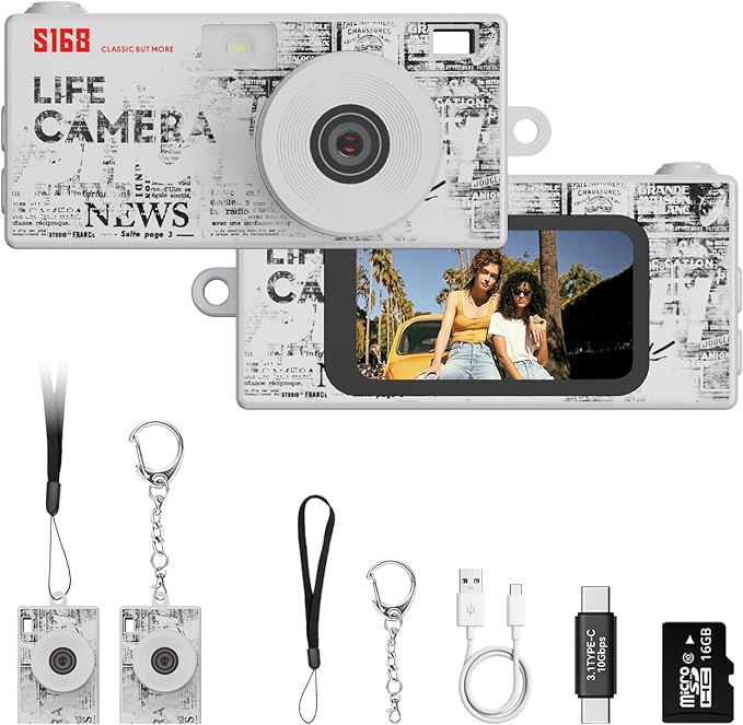 Mini Keychain Digital Camera, Y2K Retro Pocket Camera with 1.47 Inch Screen, 1440P Video, 2MP Photos, 16GB Card, Flash, Type C, Tiny Vintage Camcorder for Kids Teens Travel Vlog (White) by Dienspeak