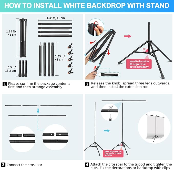 Black White Backdrop Screen with Stand Kit for Photo Video Studio Filming 5X6.5ft, Black Backdrop White Photo Curtain Background with T Shape Stand and 5 Spring Clamp for Photography Party Decorations - Image 8