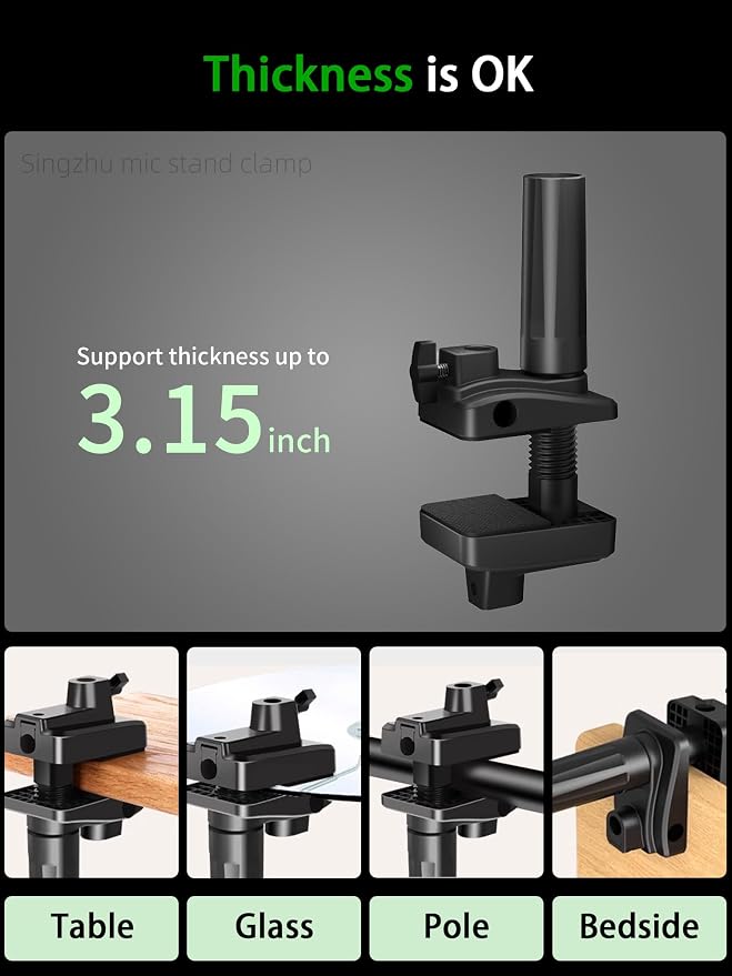 Desk Clamp Mount For Microphone Suspension Boom Scissor Arm Stand Holder, 5 Ways Boom Arm Insert Holes(12mm), Stable Installation on Tables/Beds up to 3.2 inches Thickness (Black) - Image 4