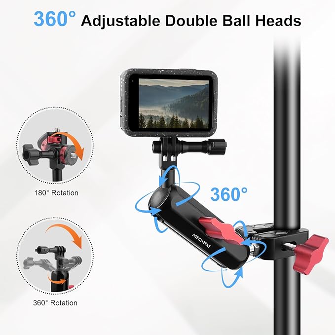 Camera Mount Super Clamp, Double Ballhead Magic Arm Clamp for GoPrO/Pocket 3 /lnsta360 X3 X4 /DSLR/Monitor/LED Light/Flash/Microphone,360°Rotating & 1/4”Screw & CNC Ebike Handlebar Clip Kit, JC008 - Image 3