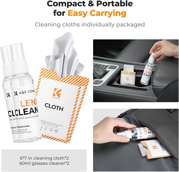 K&F CONCEPT Lens Cleaner Spray Kit,Microfiber Cloth X2,Glasses Cleaner X2 | 60ml Mild Cleaning Liquid,High Density Cloths,Individually Packaged,Washable & Reusable,For Eyeglasses,Screen,and Camera,MK01 - Image 8