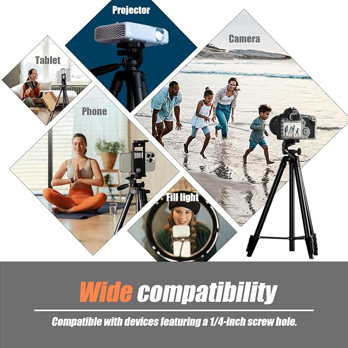71" Lightweight Camera Phone Tripod Stand with 360° Pan Head | Portable Metal Tripod with Universal Holder,Carry Bag,Remote Control Compatible with Canon Nikon iPhone - Image 2