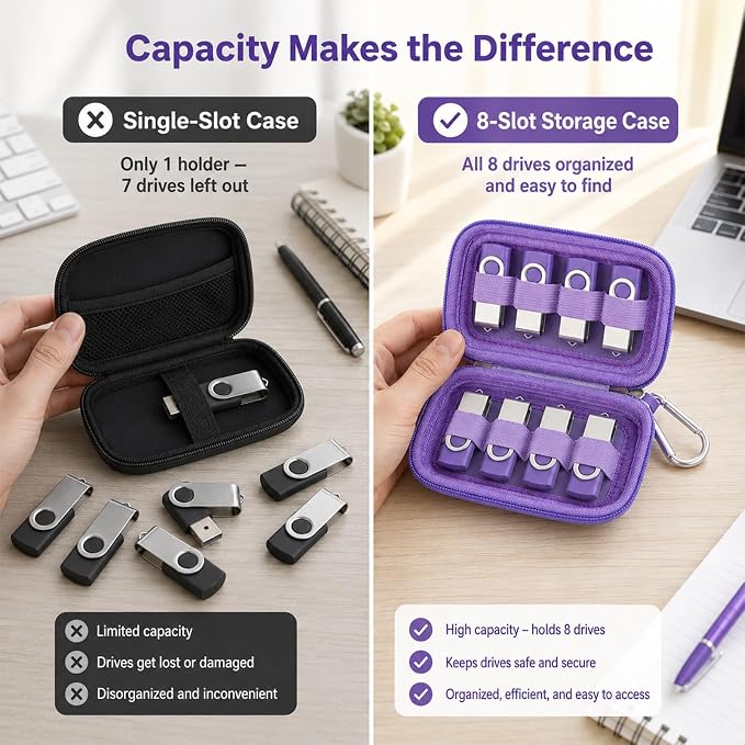ALKOO Flash Drive Case USB Storage Case, Thumb Drive Holder, Holds 8, Black | Hard Shell, 8 Elastic Slots for USB Drives and SD/Memory Cards, Portable Travel and Office Organizer, Case Only, Black - Image 5