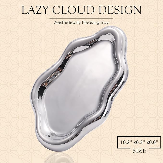 CCINPPY Ceramic Cloud Jewelry Tray Trinket Dish Key Bowl Nightstand Decor | Decorative Small Desk Tray Jewelry Plate Key Holder Bowl Cute Bedroom Room Decor Aesthetic, Gift for Women, Silver Large - Image 2
