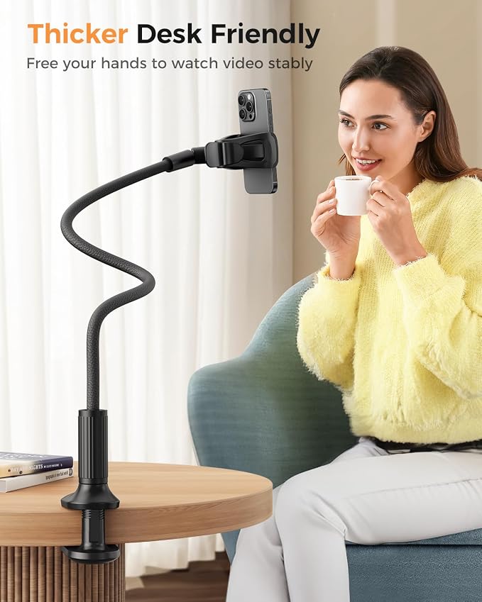 SAIJI Gooseneck Phone Holder for Bed Overall Length 38.6” Flexible Leather Wrapped Arm Overhead Cell Phone Mount Stand with 360° Adjustable Clamp Clip, Compatible with All 4-7” Cellphones (Black) | 38.6” Flexible Leather Wrapped Arm, Phone Stand with 3... - Image 6