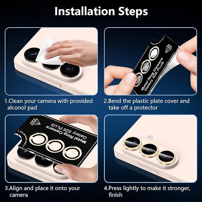 for Samsung Galaxy S26 Plus Camera Lens Protector, Individual Metal Ring Tempered Glass Lens Cover, [Strong Adsorption] Scratch Resistant Ultra-Thin HD Clear Lens Cover, 1 Set-Gold - Image 6