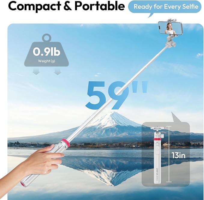 ULANZI MT-44B Phone Tripod, 59'' Auto Open Phone Stand Dual Camera Set up | 360° Ball Head, Extendable Selfie Stick w Cold Shoe, Stable Four-Leg for Filming Vlog Travel, Family Gatherings White - Image 8