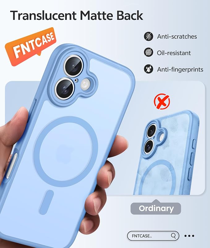 FNTCASE for iPhone 16 Case, Fit for Magsafe, Screen Protector, Light Blue | Full Camera Protection, Translucent Matte, 14FT Military Grade Drop Proof, Shockproof Protective Phone Cover - Image 6