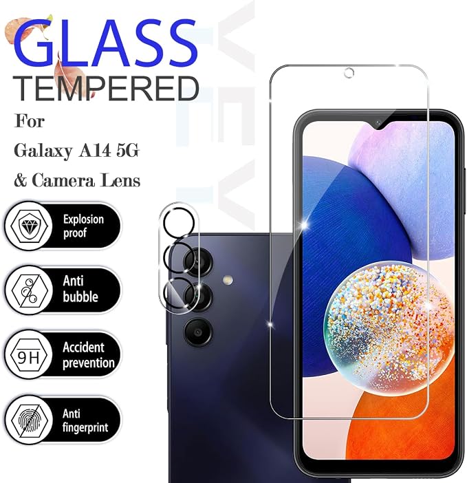 Galaxy A14 HD Clear Tempered Glass Screen Protector + Camera Lens Protectors, [2+2 Pack] [3D Glass] [Anti-Glare] [Bubble-Free] Screen Protector Glass For Samsung Galaxy A14 - Image 2