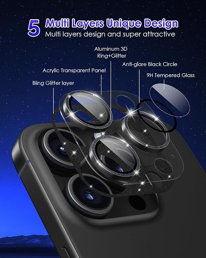 Compatible for iPhone 15 Pro/iPhone 15 Pro Max Camera Lens Protector Glitter Plus 9H Tempered Glass Screen Camera Cover Titanium Glitter Black - Image 4