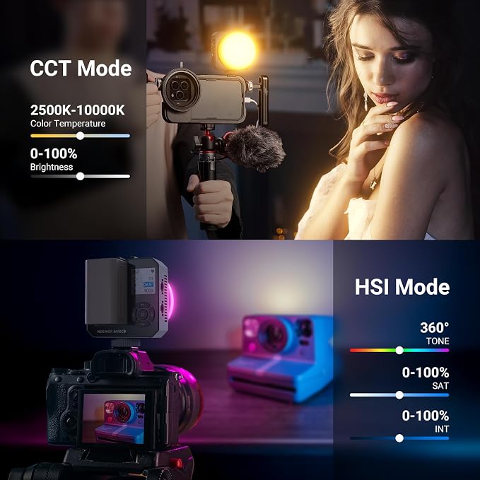 NEEWER Basics 28W Full RGB Pocket LED Video Light, Dimmable COB Studio Continuous Output Lighting for Photography Video Recording Vlog Streaming, 6000lux/0.5m 2500K–10000K CRI98 20 Scenes, HL28C - Image 4