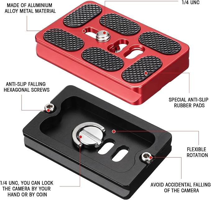 Frienda Quick Release Plate Tripod 1/4-20 DSLR,Pu60,Black and Red | Tripod Mount Plate, Camera Tripod Mount for DSLR Camera Tripod Ball Head , Metal, 1.9 x 1.5 x 0.4 Inch - Image 4