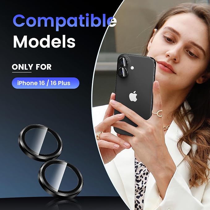 Tensea for iPhone 16/16 Plus Camera Lens Protector, Camera Cover | 9H Tempered Glass Camera Screen Protector, Metal Individual Ring for iPhone16 6.1inch/ 16Plus 6.7inch, HD Clear, Easy Install - Image 2