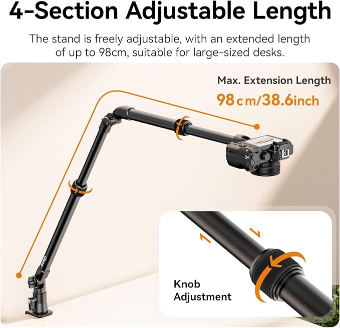 ULANZI ZJ02 Camera Desk Mount Stand Overhead Magic Articulating Arm | 98cm/38.6inch, 4-Section Adjustable, Aluminum, 1/4" Ball Head, for Cameras DSLR Lights Streaming Photo Video Shooting - Image 6