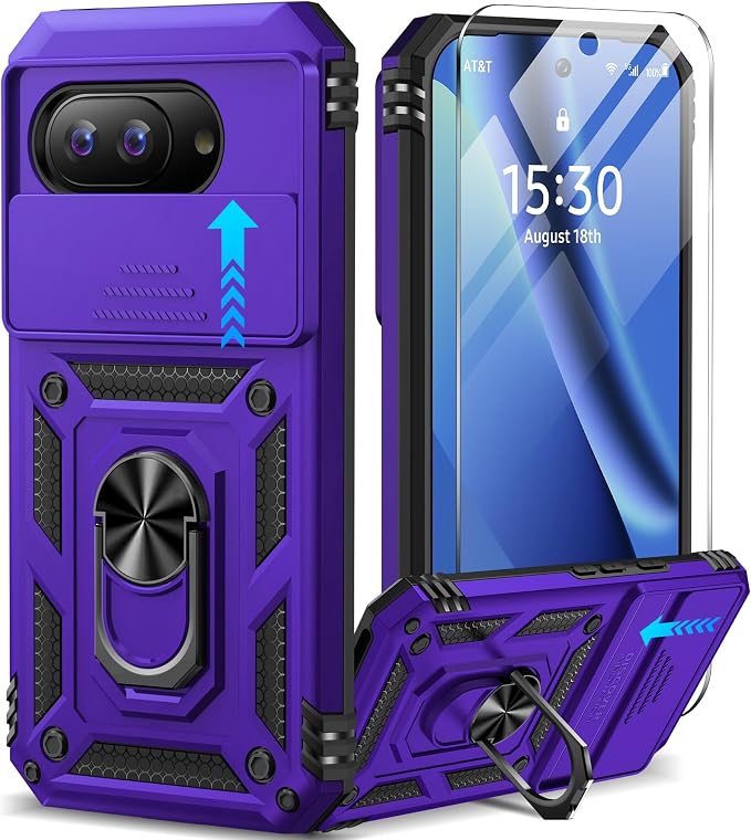 Taisairu for Google Pixel 10A Case with Screen Protector & Slide Camera Lens Cover,Built-in 360°Rotate Magnetic Ring Stand Shockproof Protective Phone Case for Google Pixel 10A Case (Purple) by Taisairu