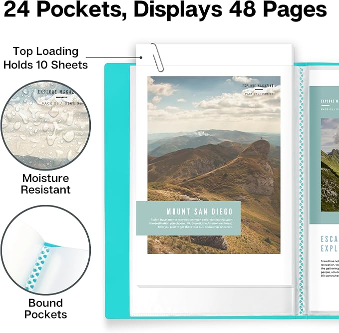 Dunwell Small Presentation Book 5.5x8.5 (2-Pack, Aqua), 24 Pockets Display 48 Half Size Pages, Plastic Binders with Sleeves, 5.5 x 8.5 Mini Booklets, Acid-Free Poly | Acid-Free Poly, Displays 48 Pages, Tear-Resistant Sleeves, Ideal for Documents & Artwork - Image 5