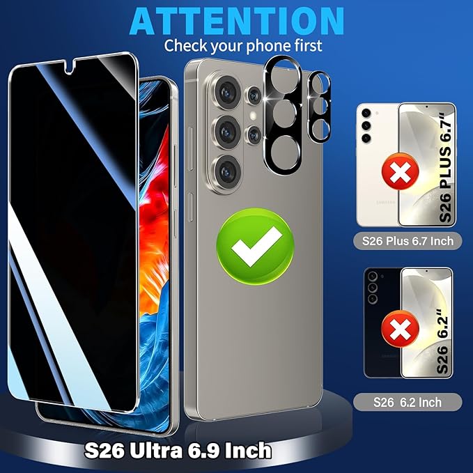 3 Pack Privacy Screen Protector for Samsung Galaxy S26 Ultra Tempered Glass + 2 Pack Camera Lens Protector, True 25°Anti Spy, Military Grade Shatterproof, 9H+ Hardness, Auto Alignment Frame 6.9" - Image 2
